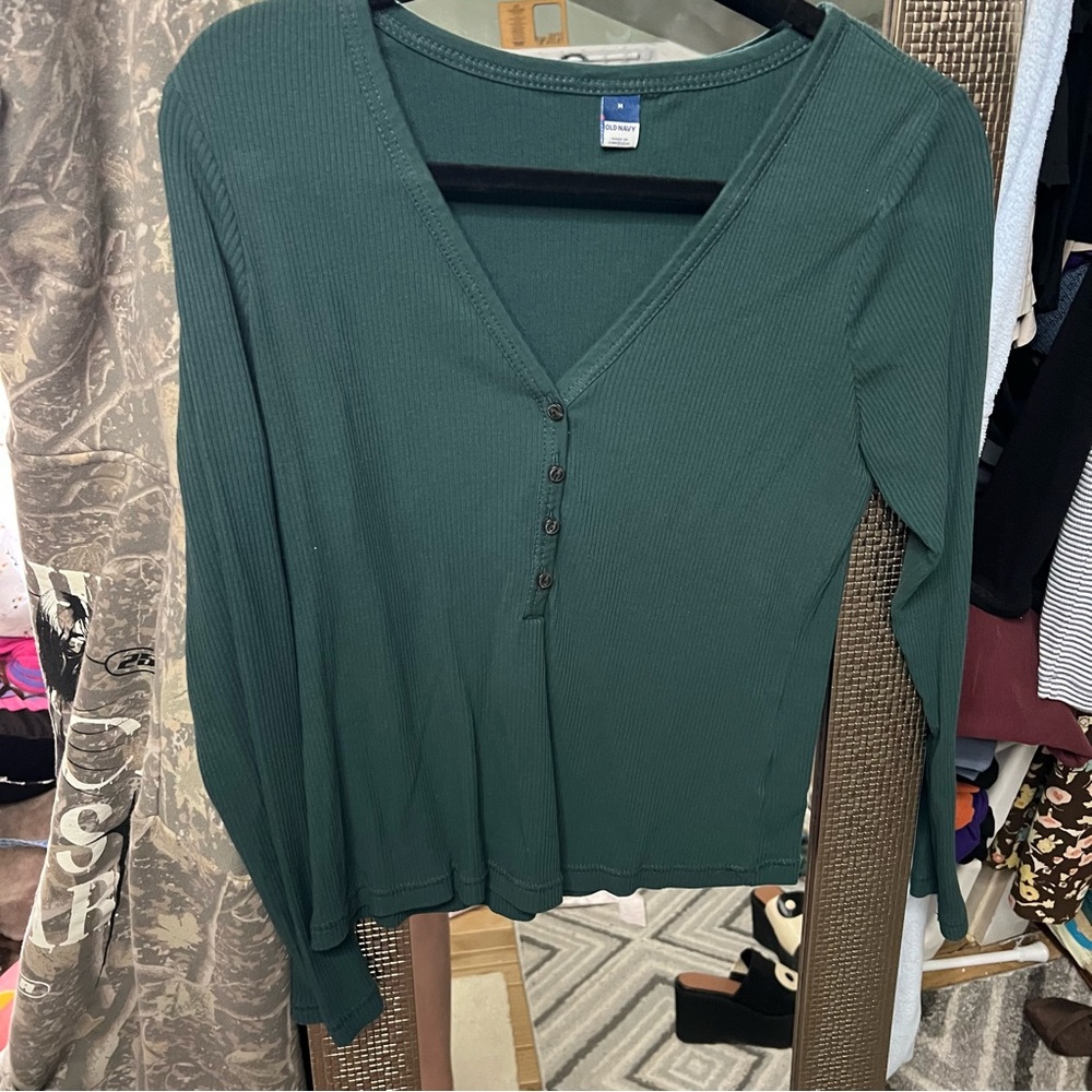 Old Navy Ribbed Henley Long Sleeve Top - Blueish Green